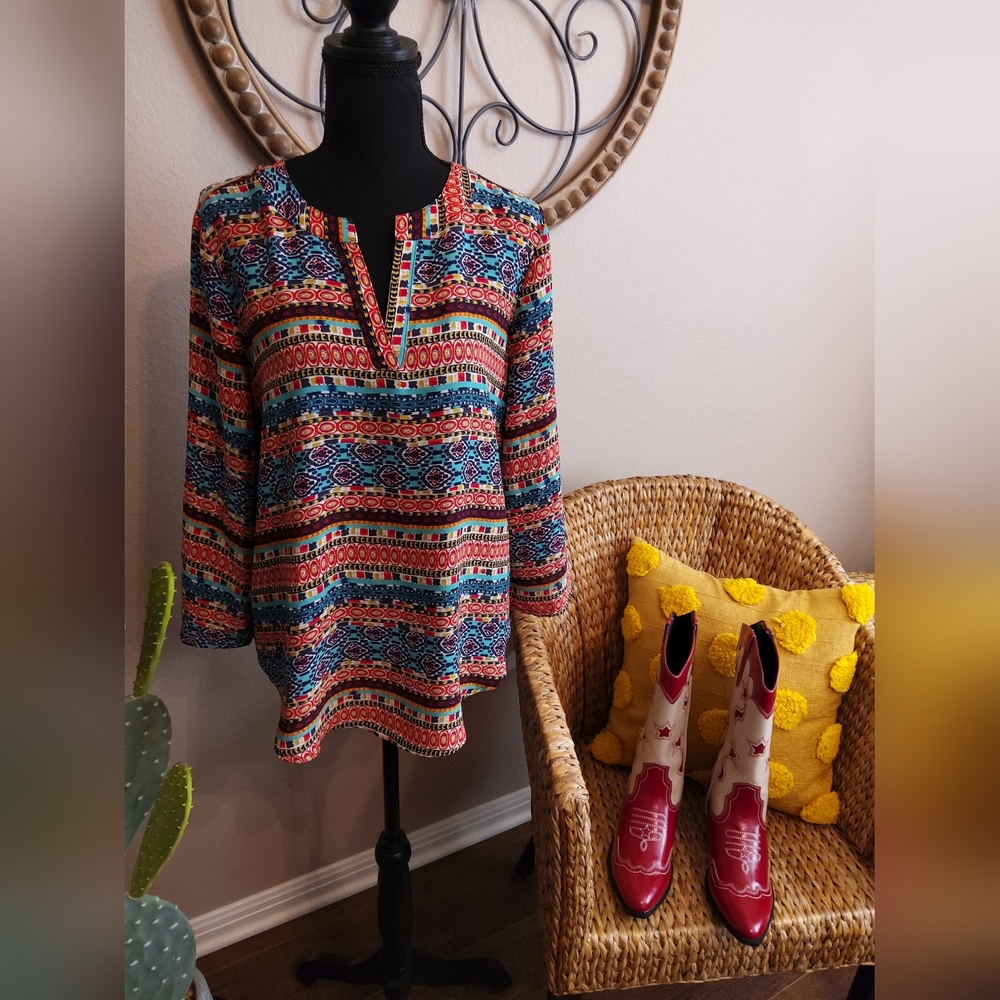 Cato Multicolor Patterned V-Neck Tunic - Picture 2 of 11